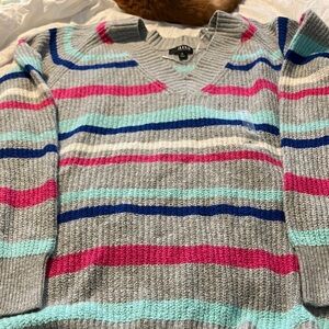 a.n.a Gray V-Neck Sweater with Pink and Blue Stripes